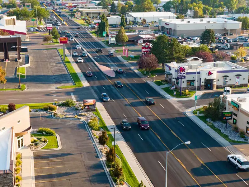 Exterior aerial view of building and roads apart of Alameda Plaza