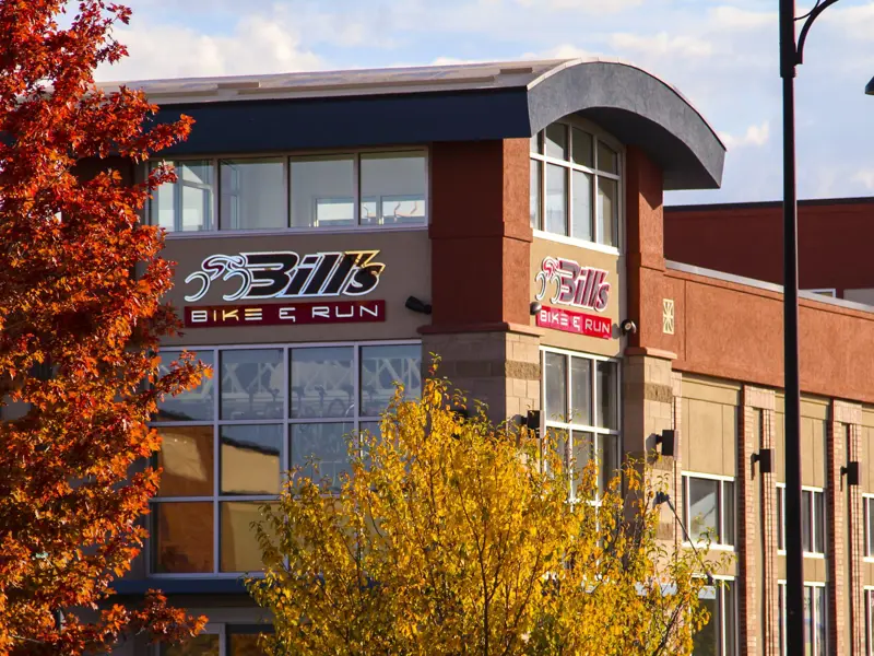 Exterior of Bill's Bike & Run building at dusk