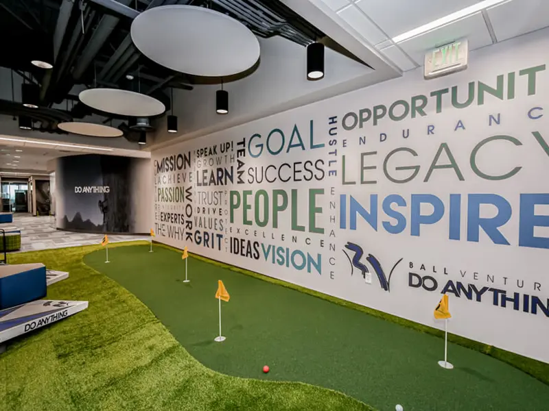 Interior of Ball Ventures Knolls Suite 300 of golf putting green