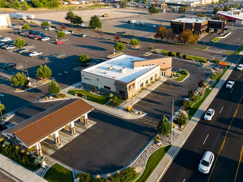 Exterior aerial view of building apart of Alameda Plaza