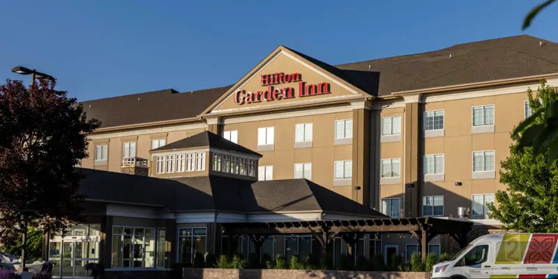 Close shot of the exterior of Hilton Garden Inn Idaho Falls building