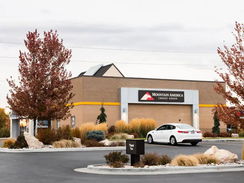 Exterior of Mountain America building and parking area at Sandcreek Commons