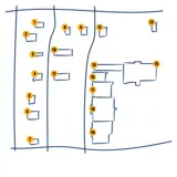 Overhead map rendering of Sandcreek Commons shops and parking area