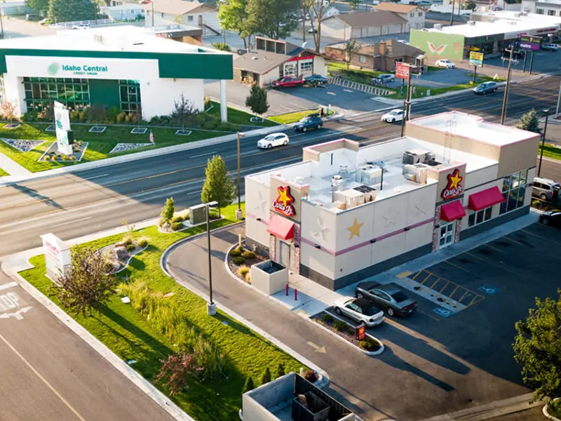 Exterior aerial view of buildings apart of Alameda Plaza
