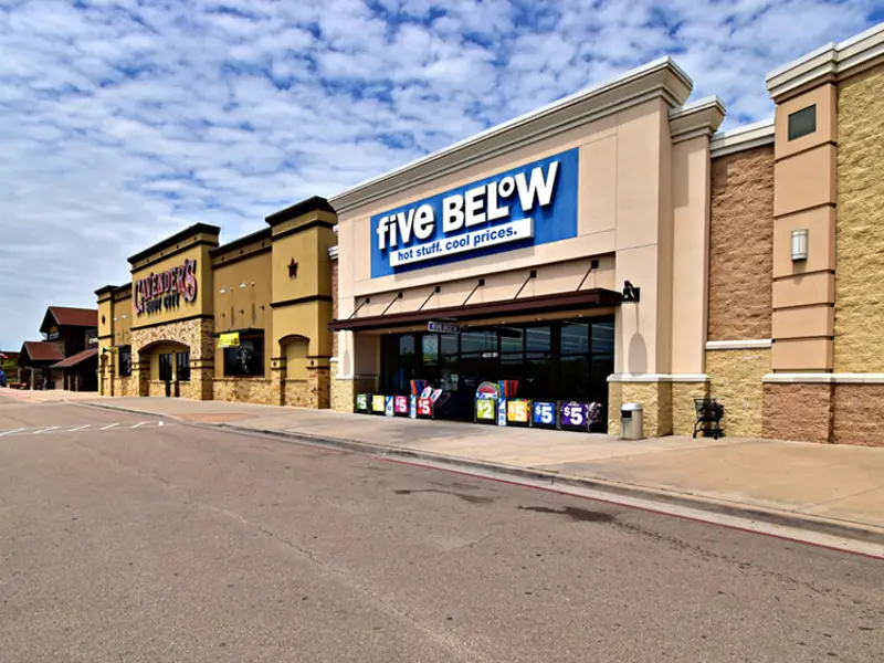 Exterior view of Five Below building and parking area apart of Central Texas Marketplace