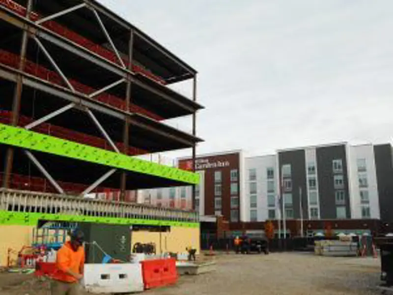 Exterior of in-construction steel building