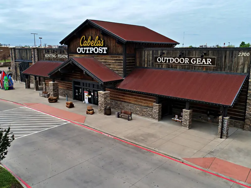 Exterior aerial view of Cabela's building and parking area apart of Central Texas Marketplace