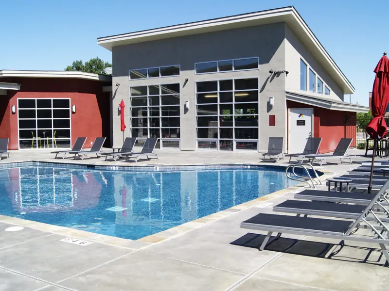 Exterior pool shot of The Falls Apartments Idaho Falls