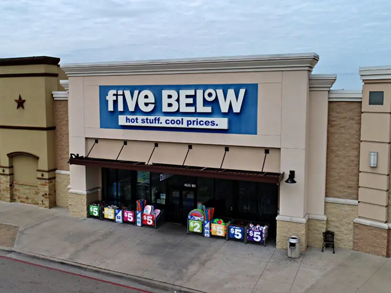 Exterior aerial view of Five Below building and parking area apart of Central Texas Marketplace