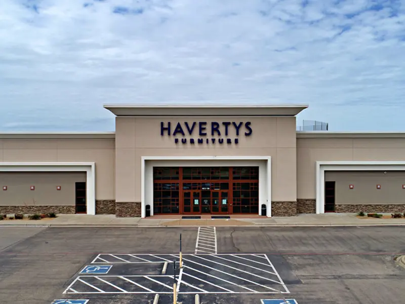 Exterior view of Haverty's building and parking area apart of Central Texas Marketplace