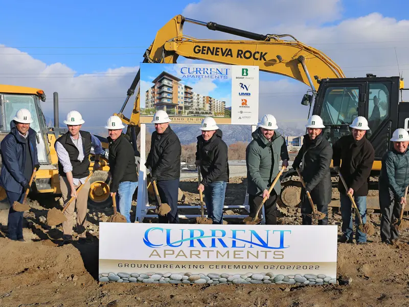 9 Ball Ventures leaders posing for groundbreaking ceremony for Current Apartment Complex
