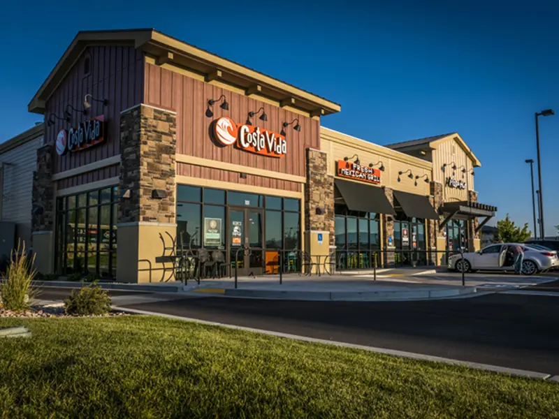 Exterior of front of Costa Vida building at Center Pointe shopping center during day