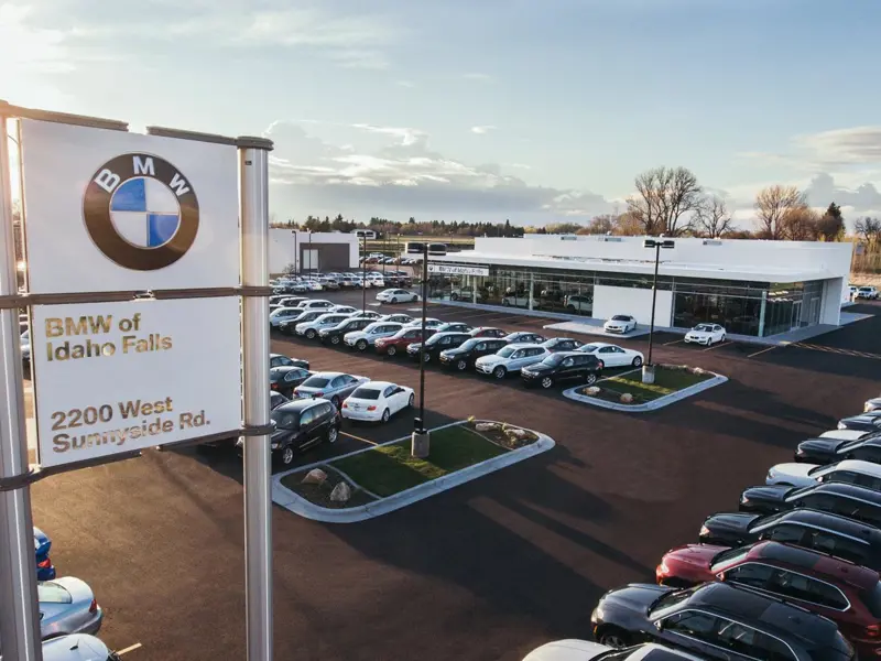 Exterior aerial view of parking area and sign of BMW Idaho Falls