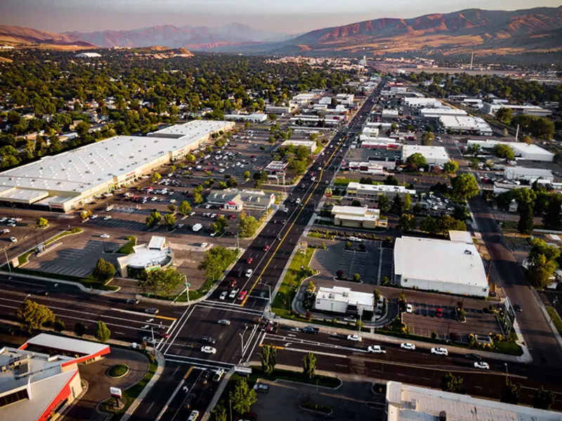 Exterior aerial view of buildings and roads apart of Alameda Plaza