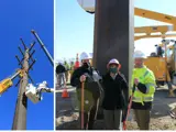 Side by side photo of tall steel pole and Ball Ventures representatives on-site for new real estate location